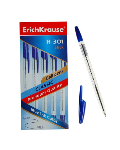 Ручка шариковая Erich Krause R-301 Classic Stick, узел 1.0 мм, чернила синие, длина линии письма 200